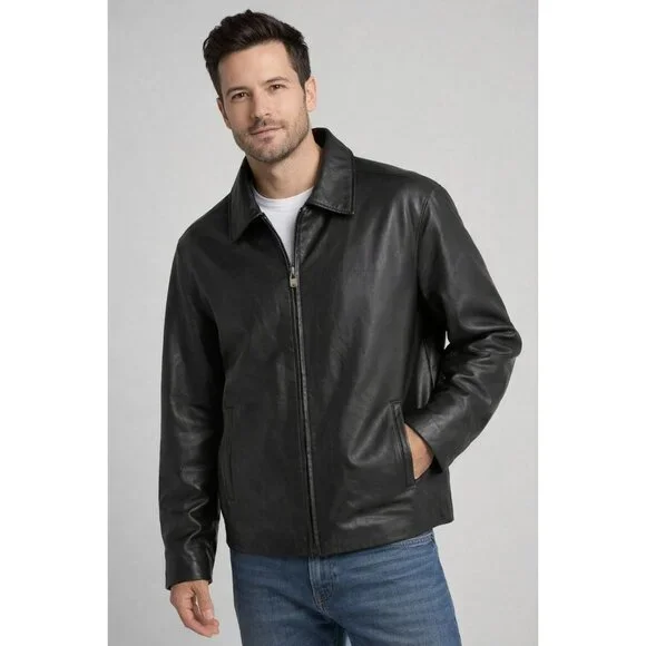 IZOD Men's Black Leather Jacket Full Zip Lined Size XL Classic Style - Picture 1 of 16